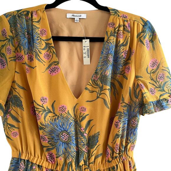 Madewell Sweetgrass Ruffle Sleeve Floral Mini Dress Painted Blooms Gold Size 2 - Picture 4 of 10